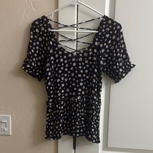 Maurices Black Floral Blouse with Crisscross Back